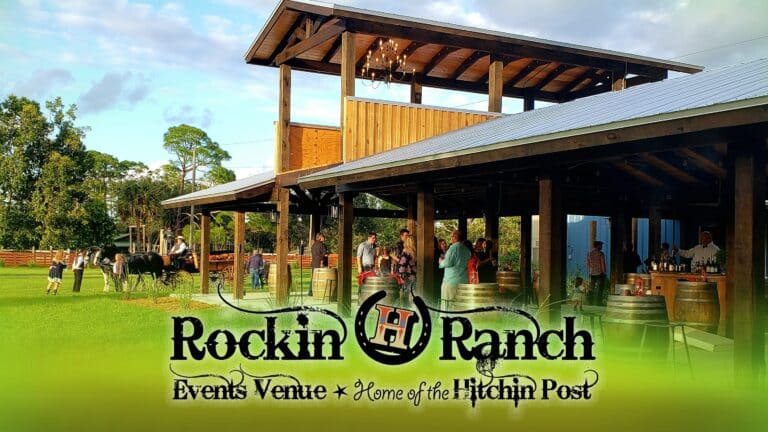 Rockin H Ranch events venue with a rustic wooden building, outdoor gathering space, and lush greenery near Palm Beach, Florida.